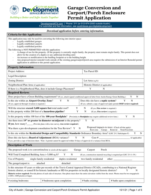 Garage Conversion and Carport / Porch Enclosure Permit Application - City of Austin, Texas Download Pdf