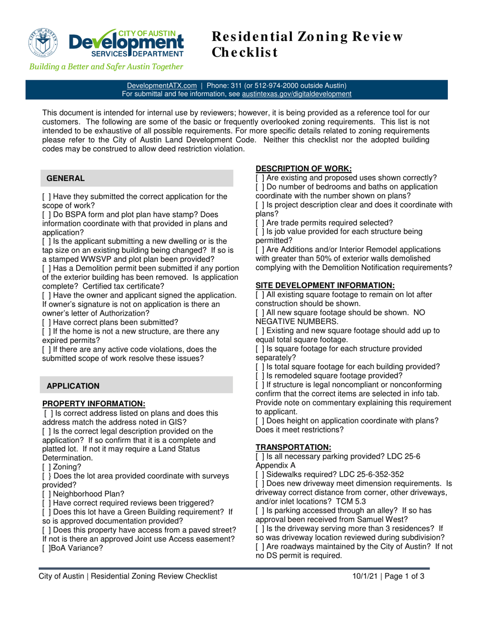 Residential Zoning Review Checklist - City of Austin, Texas, Page 1