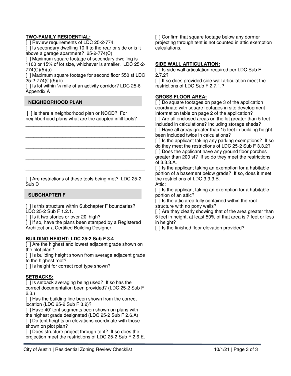 Residential Zoning Review Checklist - City of Austin, Texas, Page 3