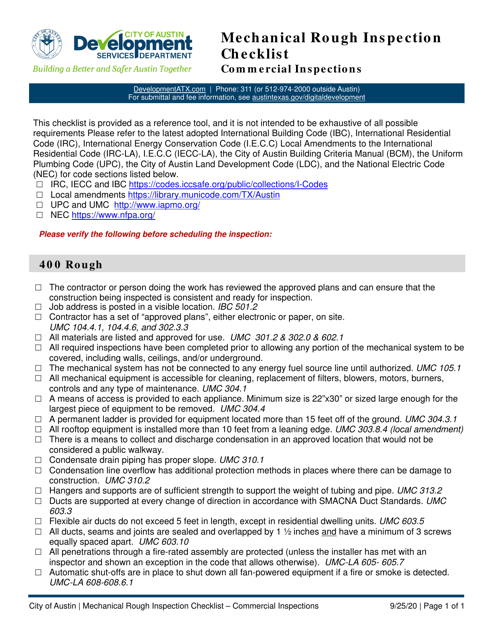 Mechanical Rough Inspection Checklist - Commercial Inspections - City of Austin, Texas Download Pdf