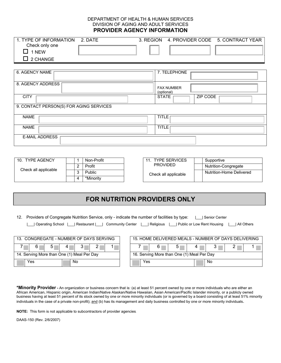 Form DAAS-150 Provider Agency Information - North Carolina, Page 1