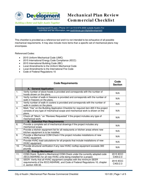 Mechanical Plan Review Commercial Checklist - City of Austin, Texas Download Pdf