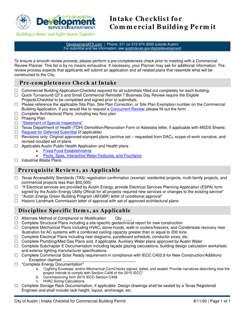 Intake Checklist for Commercial Building Permit - City of Austin, Texas Download Pdf