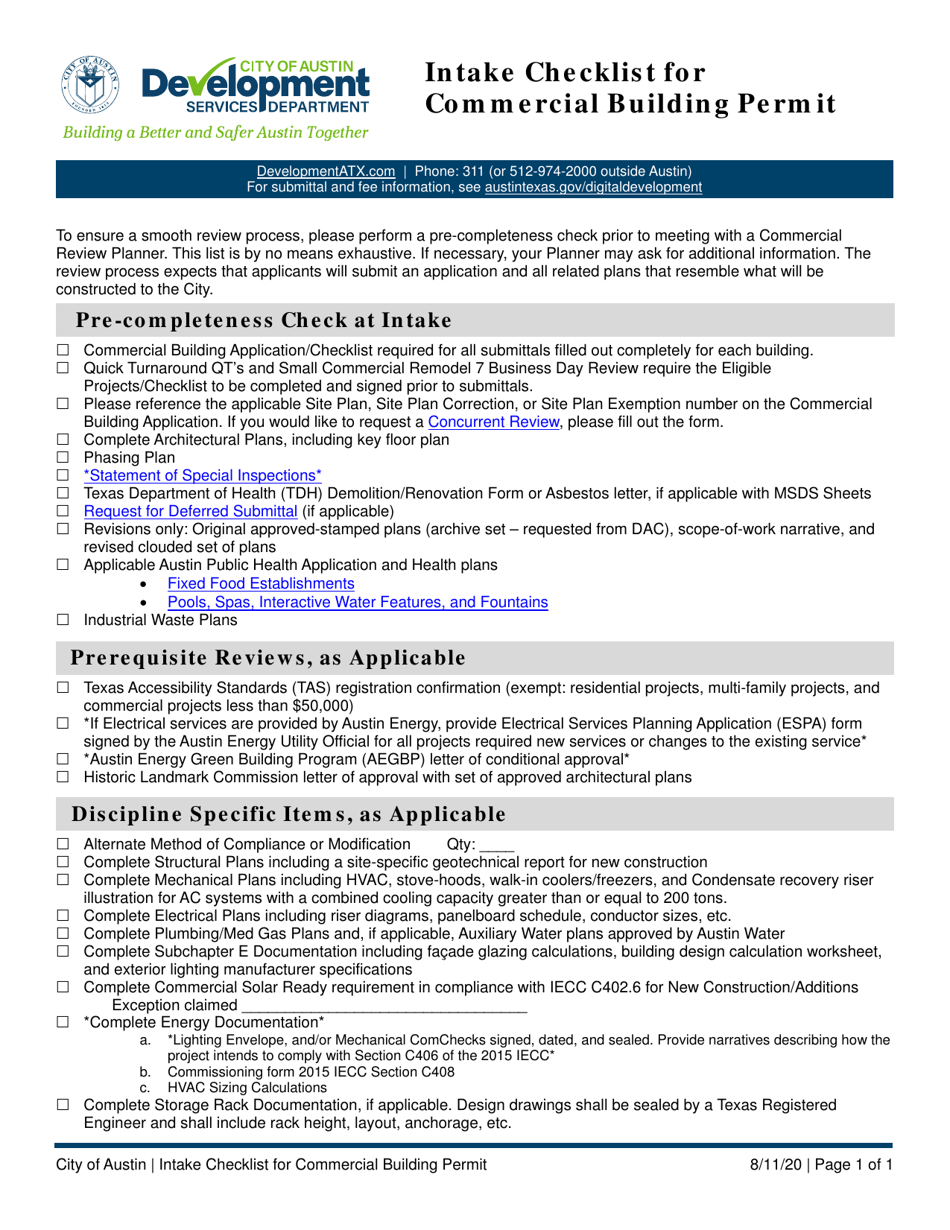 City of Austin, Texas Intake Checklist for Commercial Building Permit