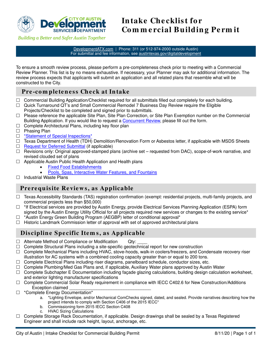 Intake Checklist for Commercial Building Permit - City of Austin, Texas, Page 1