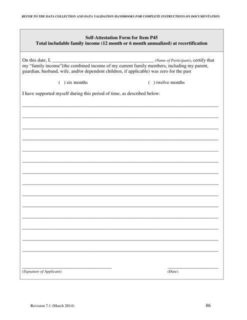 Self-attestation Form for Item P45 - Total Includable Family Income (12 Month or 6 Month Annualized) at Recertification - North Carolina Download Pdf