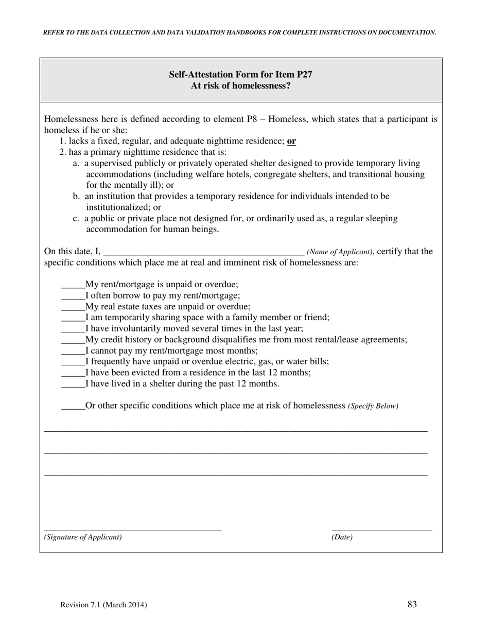 Self-attestation Form for Item P27 - at Risk of Homelessness - North Carolina, Page 1