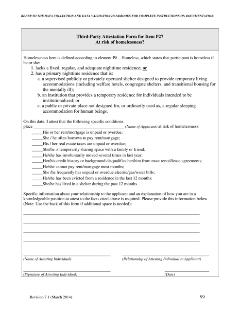 Third-Party Attestation Form for Item P27 - at Risk of Homelessness - North Carolina Download Pdf
