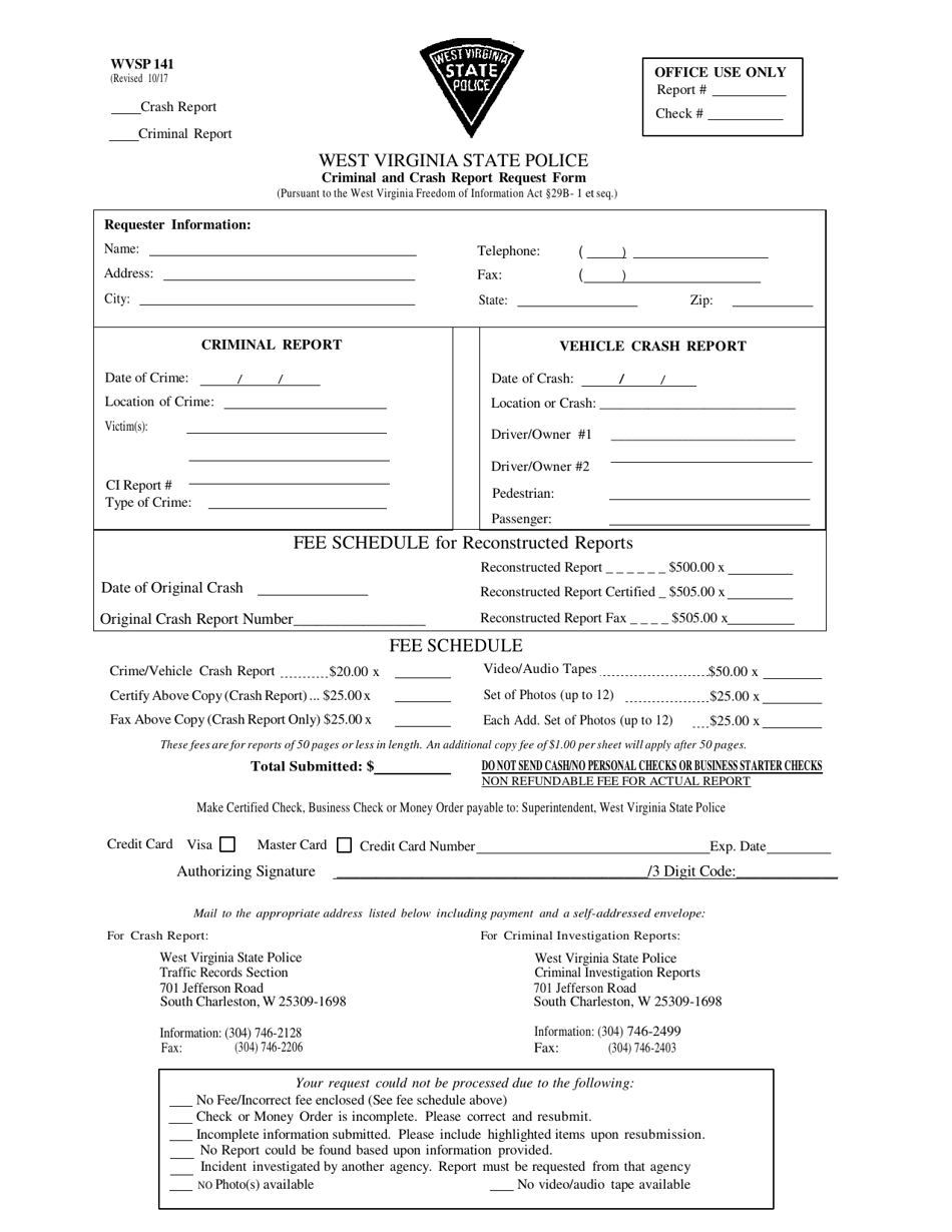 WVSP Form 141 Criminal and Crash Report Request Form - West Virginia, Page 1