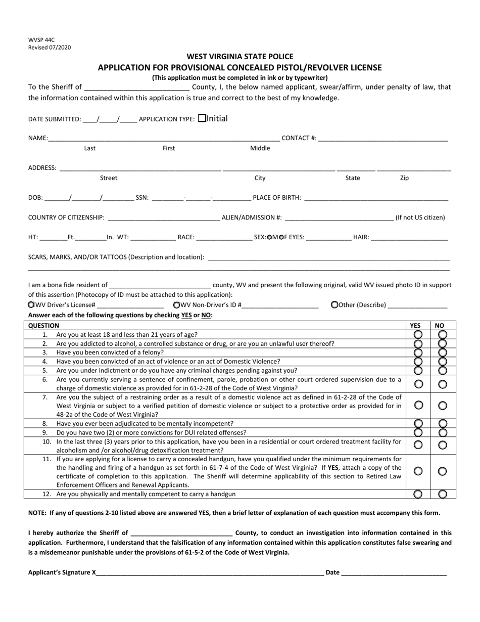 WVSP Form 44C Application for Provisional Concealed Pistol / Revolver License - West Virginia, Page 1