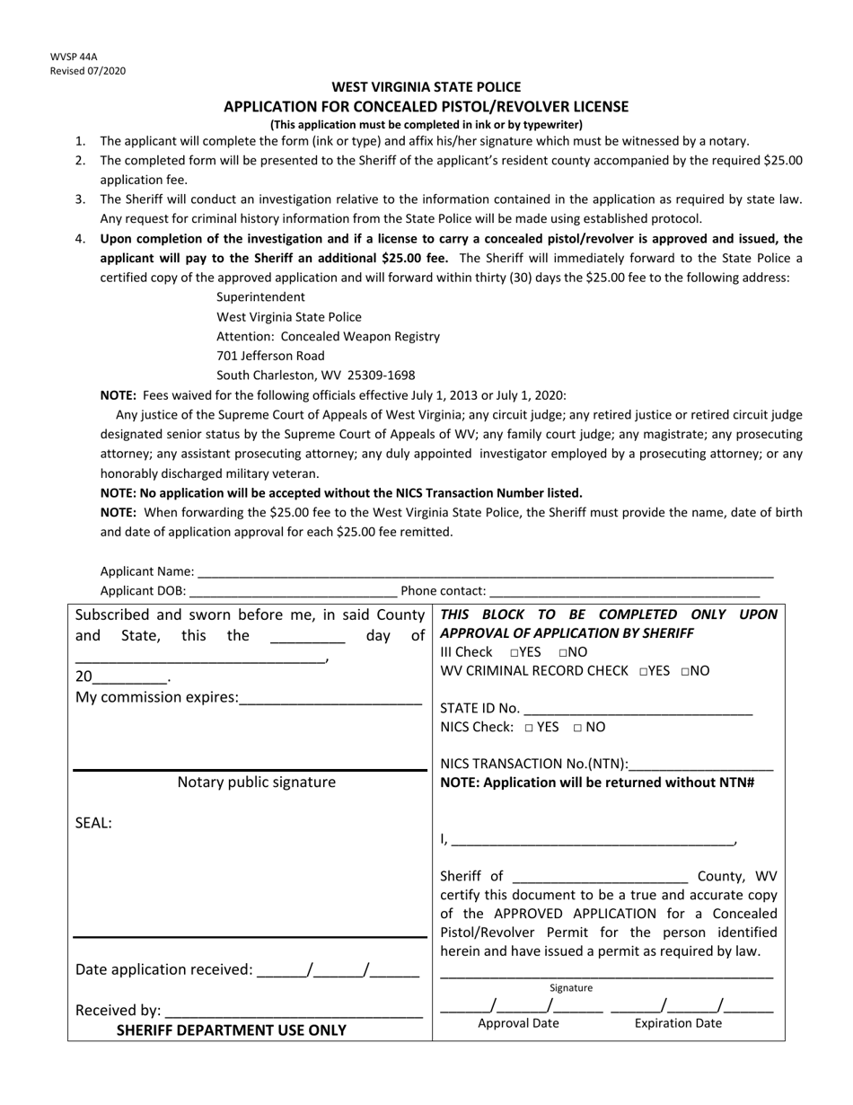 Wvsp Form 44a Download Fillable Pdf Or Fill Online Application For 