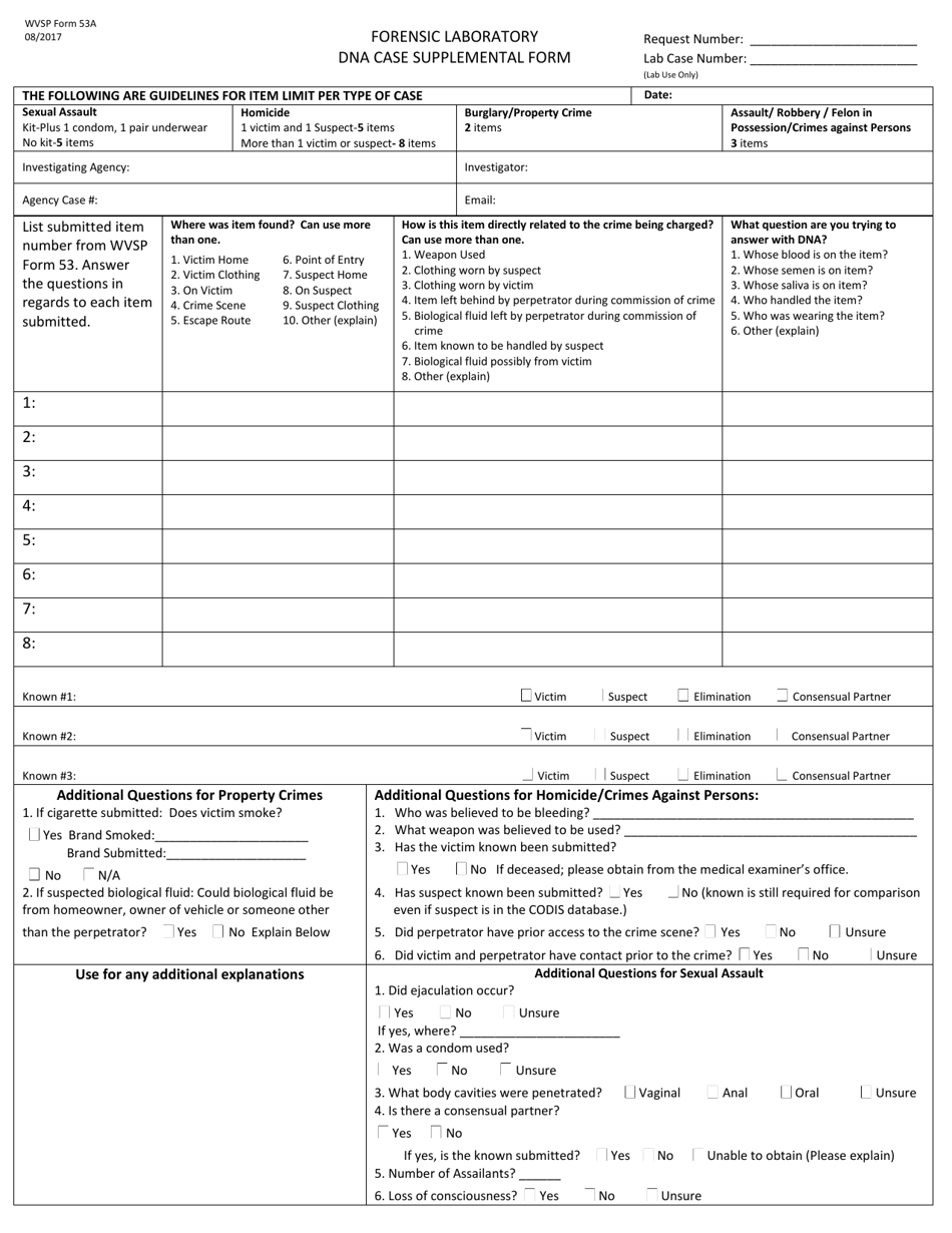 WVSP Form 53A Dna Case Supplemental Form - West Virginia, Page 1