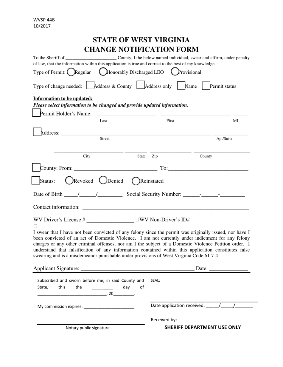 WVSP Form 44B Change Notification Form - West Virginia, Page 1