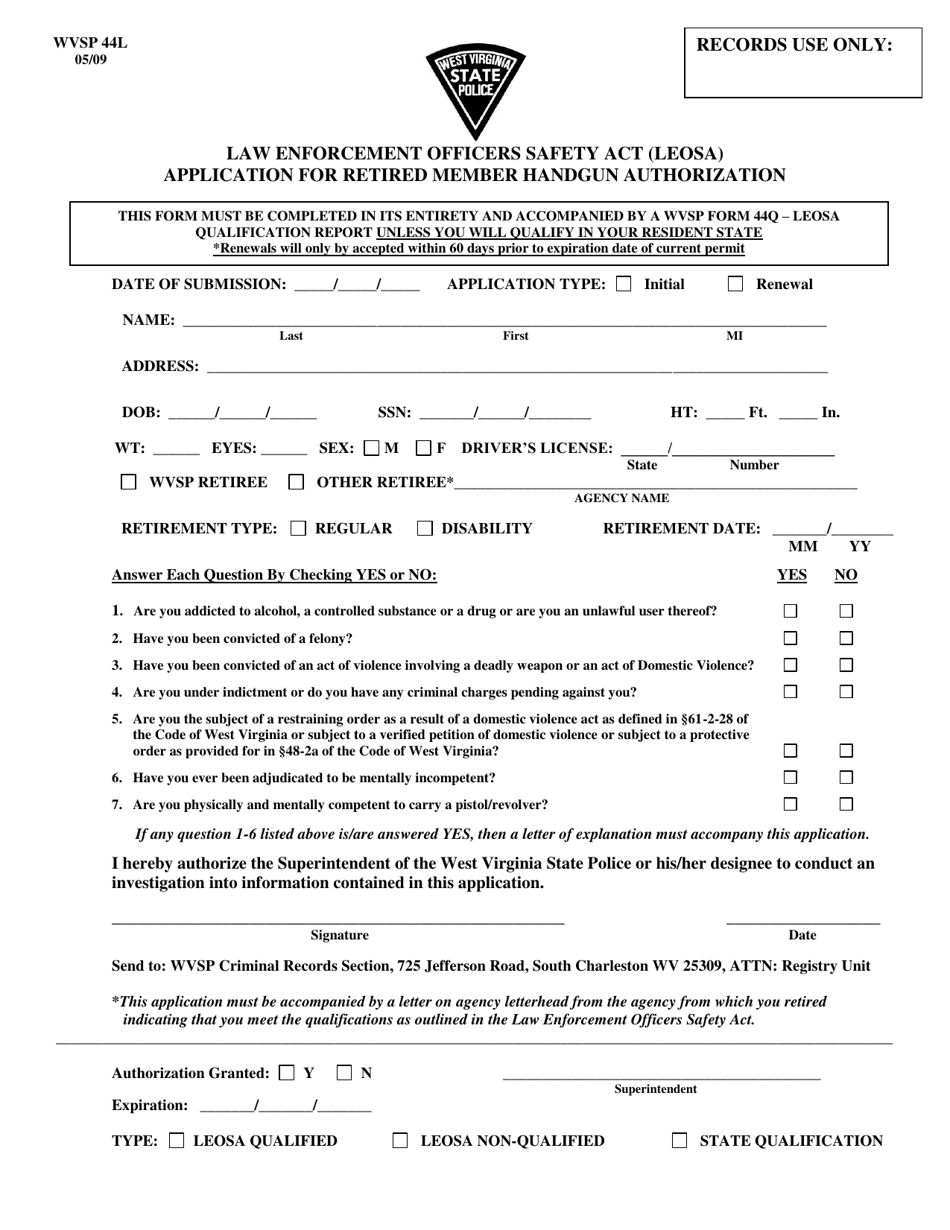 WVSP Form 44L Application for Retired Member Handgun Authorization - Law Enforcement Officers Safety Act (Leosa) - West Virginia, Page 1