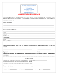 Document preview: Unclaimed Funds Affidavit - Inyo County, California
