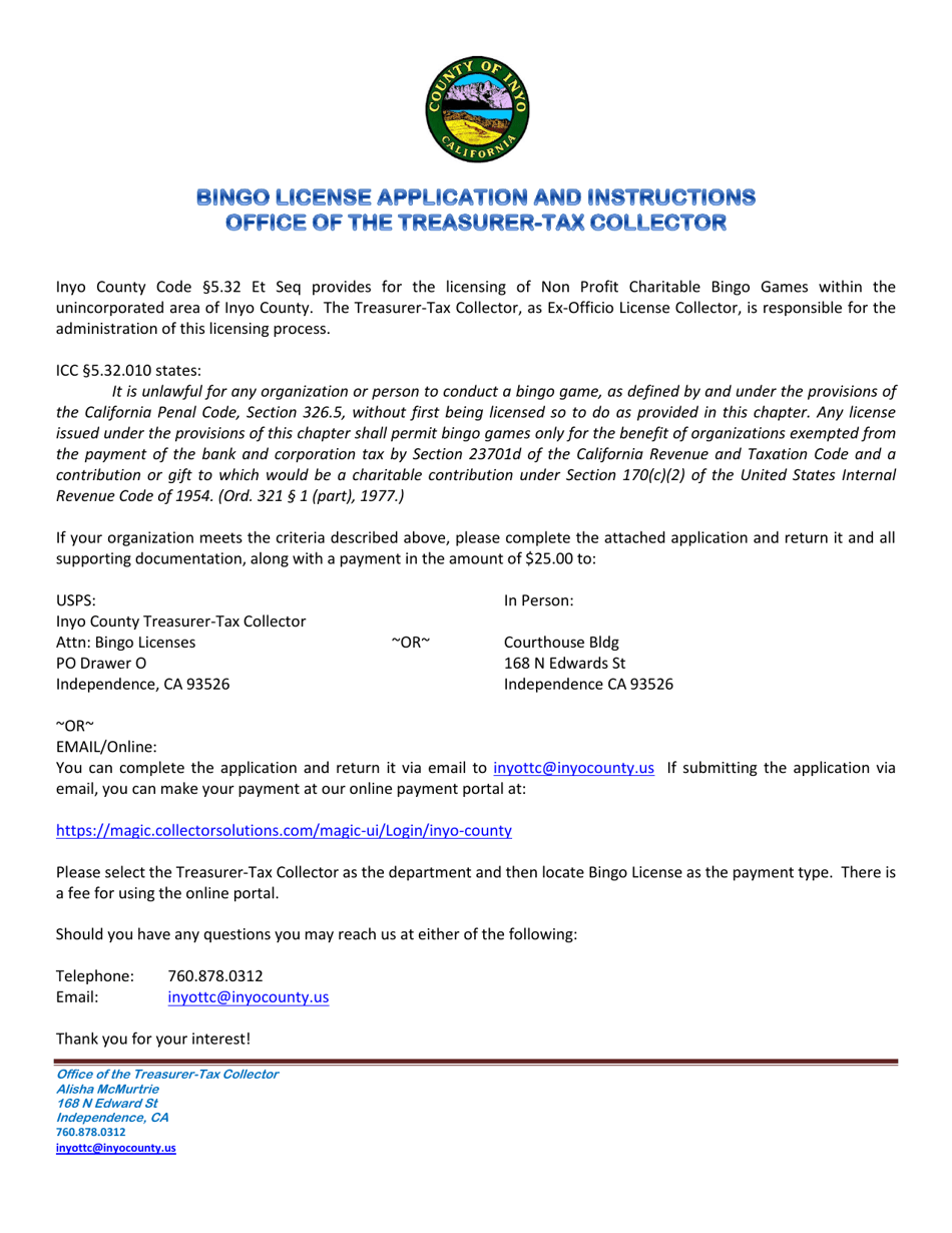 Inyo County, California Application for Bingo License Fill Out, Sign