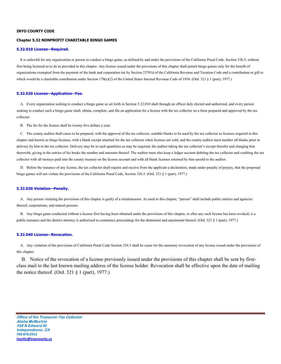 Application for Bingo License - Inyo County, California, Page 2