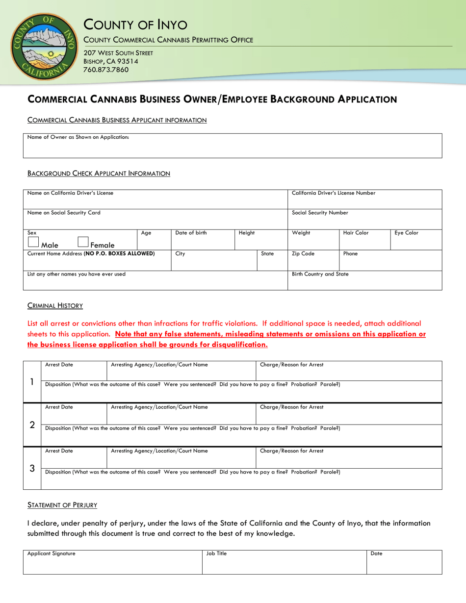 Commercial Cannabis Business Owner / Employee Background Application - Inyo County, California, Page 1
