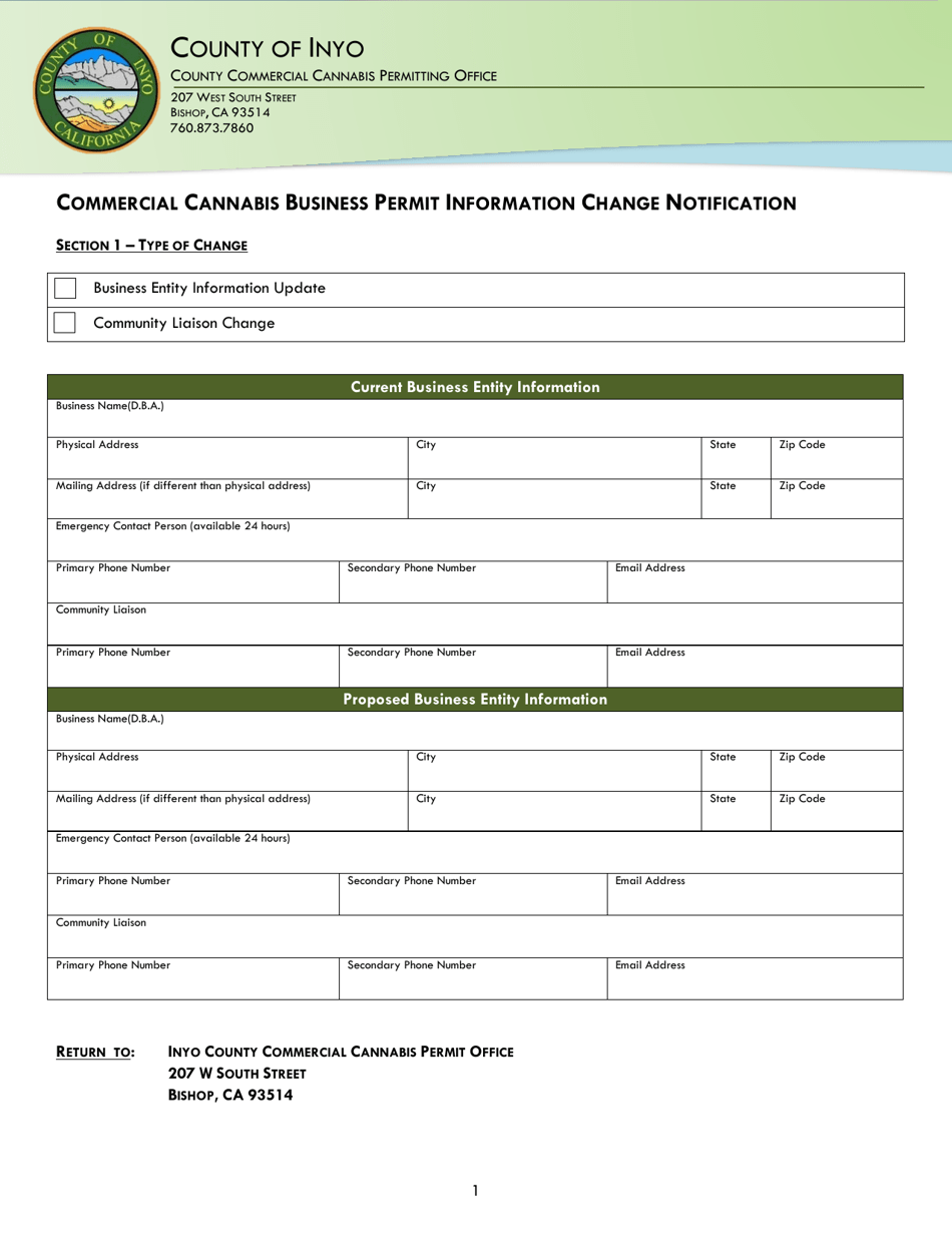 Commercial Cannabis Business Permit Information Change Notification - Inyo County, California, Page 1