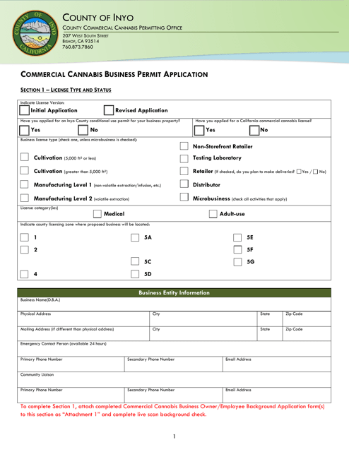 Commercial Cannabis Business Permit Application - Inyo County, California Download Pdf