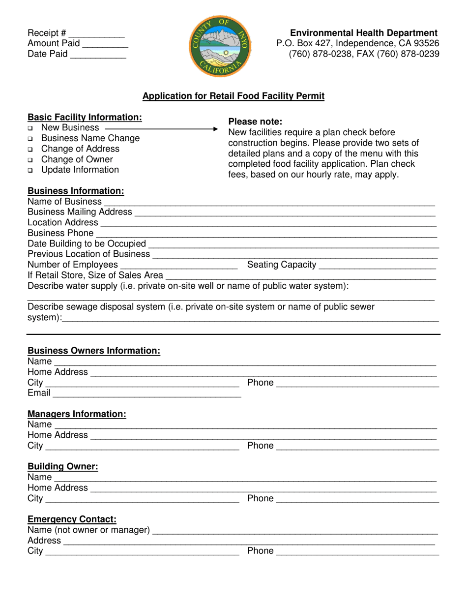 Application for Retail Food Facility Permit - Inyo County, California, Page 1