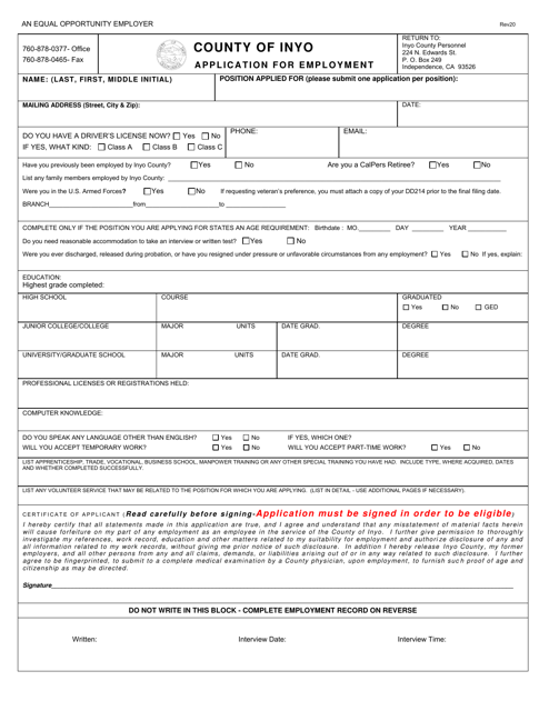 Application for Employment - Inyo County, California Download Pdf