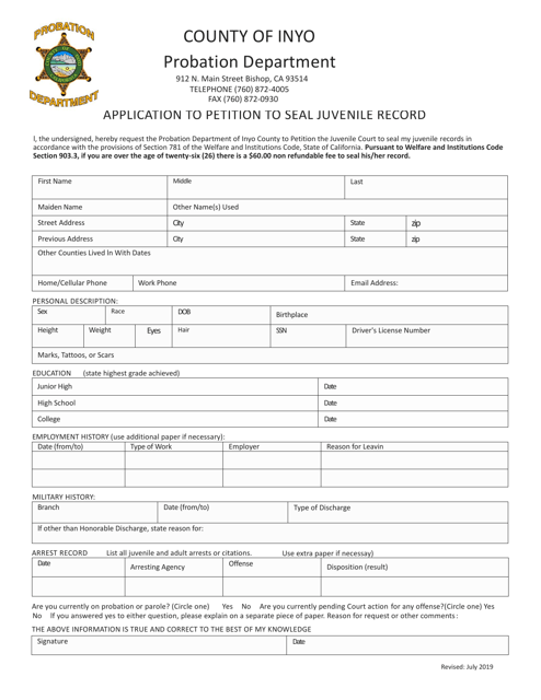 Application to Petition to Seal Juvenile Record - Inyo County, California Download Pdf
