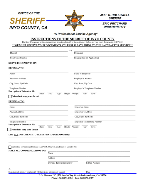 Instructions to the Sheriff of Inyo County - Inyo County, California Download Pdf