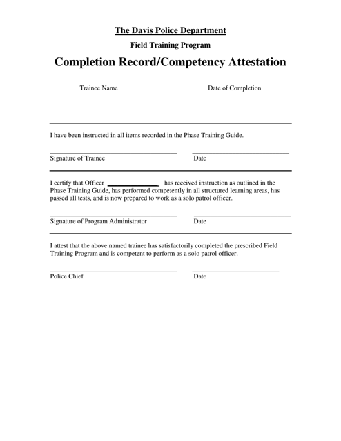 Completion Record/Competency Attestation - Field Training Program - City of Davis, California
