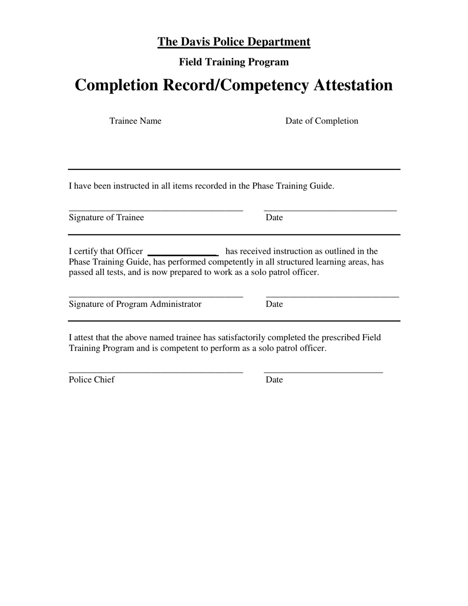 Completion Record / Competency Attestation - Field Training Program - City of Davis, California, Page 1