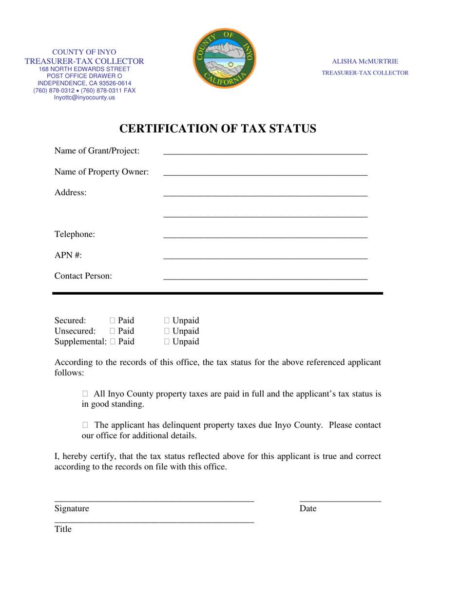 Inyo County, California Certification of Tax Status Fill Out, Sign