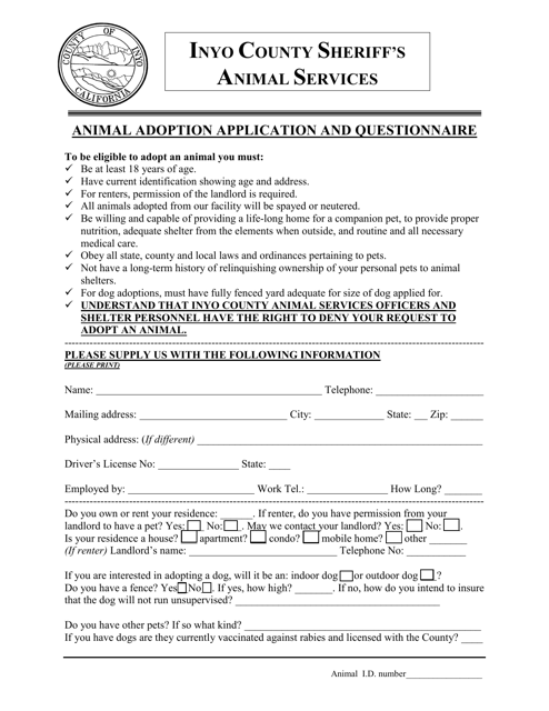 Animal Adoption Application and Questionnaire - Inyo County, California Download Pdf
