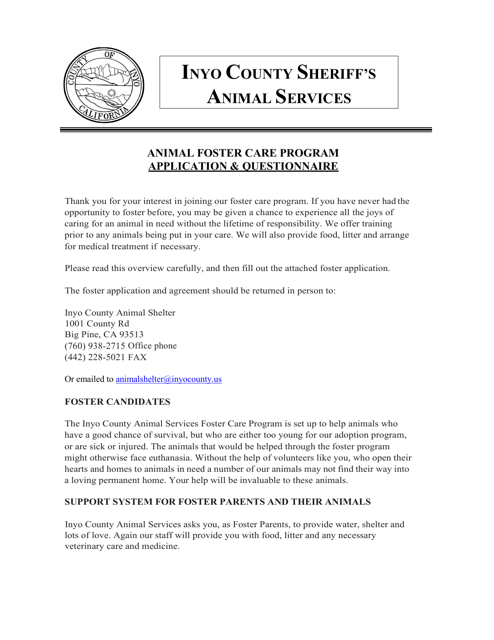 Foster Parent Volunteer Application & Agreement - Animal Foster Care Program - Inyo County, California Download Pdf