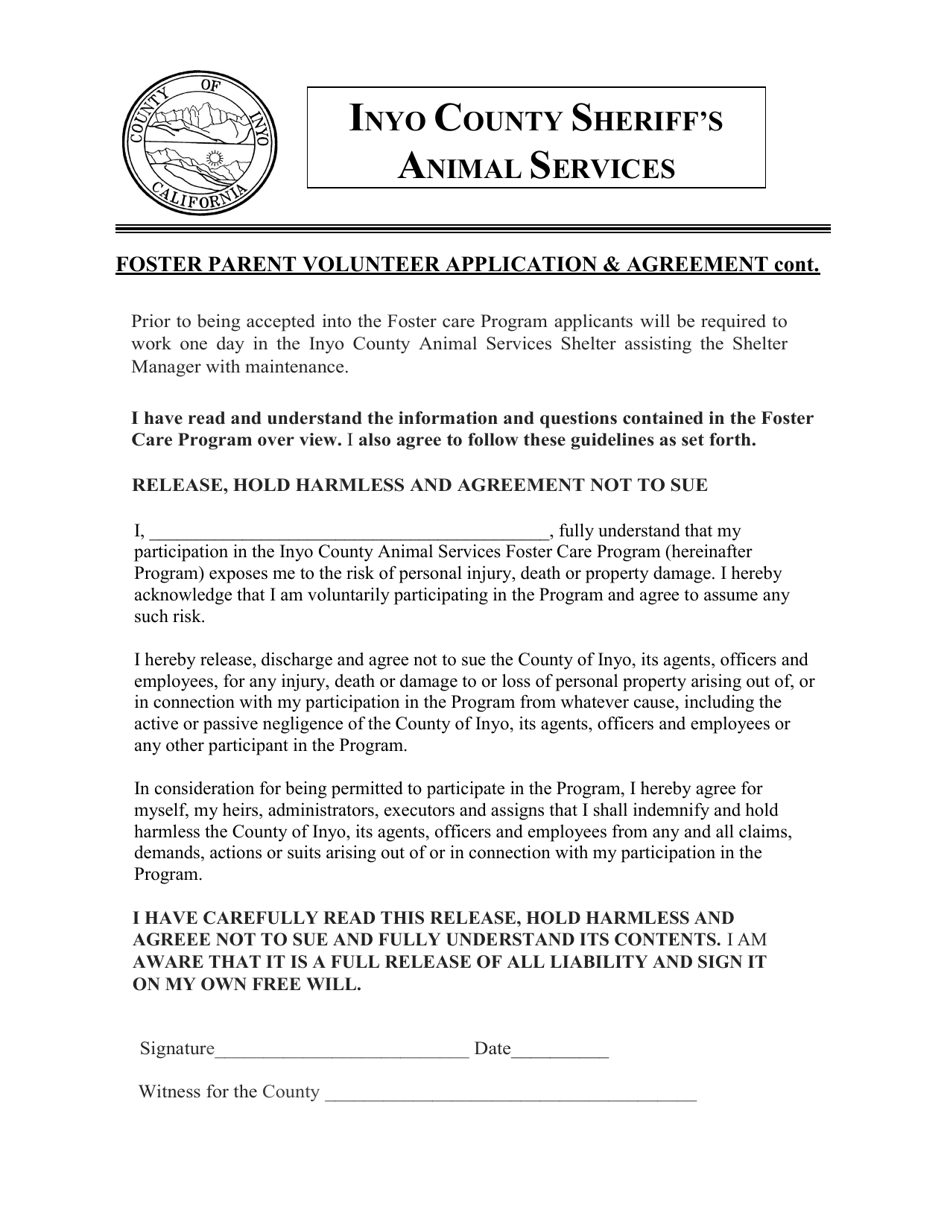 Foster Parent Volunteer Application  Agreement - Animal Foster Care Program - Inyo County, California, Page 4