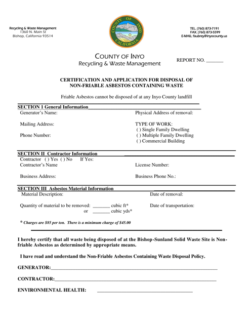 Certification and Application for Disposal of Non-friable Asbestos Containing Waste - Inyo County, California
