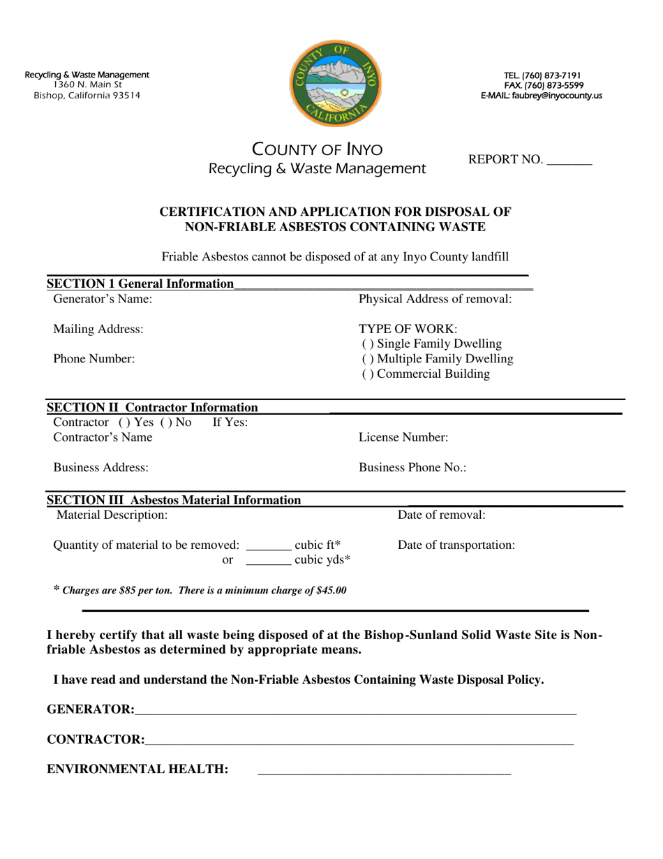 Certification and Application for Disposal of Non-friable Asbestos Containing Waste - Inyo County, California, Page 1