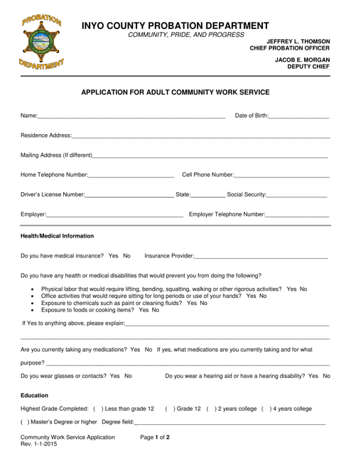 Application for Adult Community Work Service - Inyo County, California