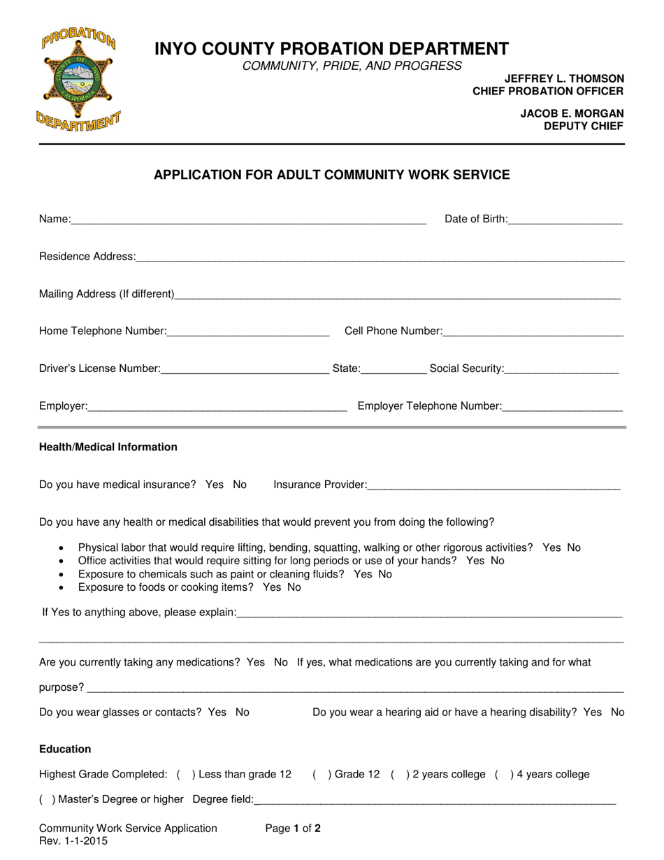 Application for Adult Community Work Service - Inyo County, California, Page 1