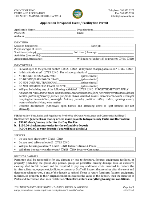 Application for Special Event / Facility Use Permit - Inyo County, California Download Pdf