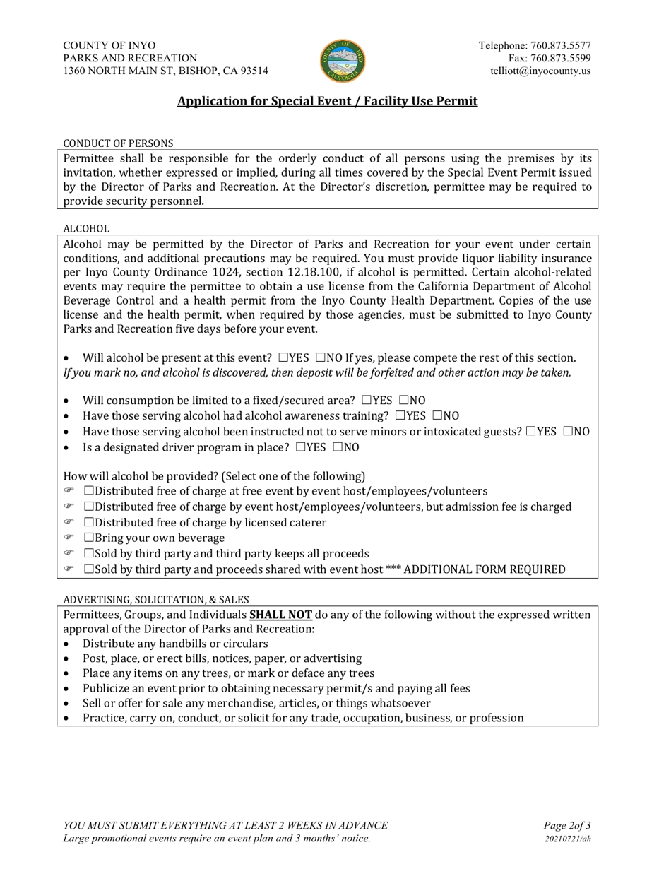 Application for Special Event / Facility Use Permit - Inyo County, California, Page 2