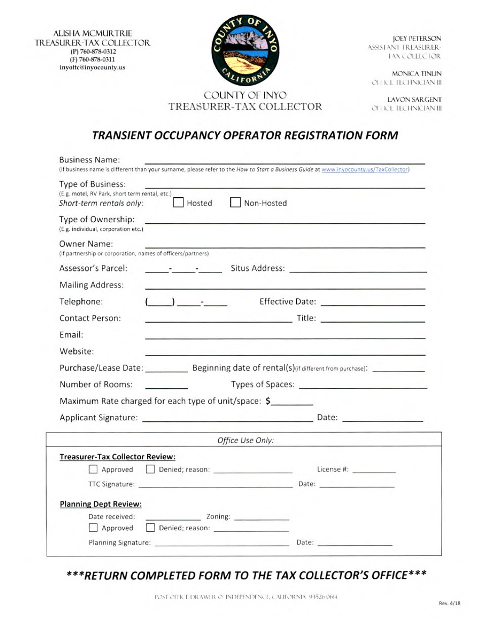 Transient Occupancy Operator Registration Form - Inyo County, California, Page 1
