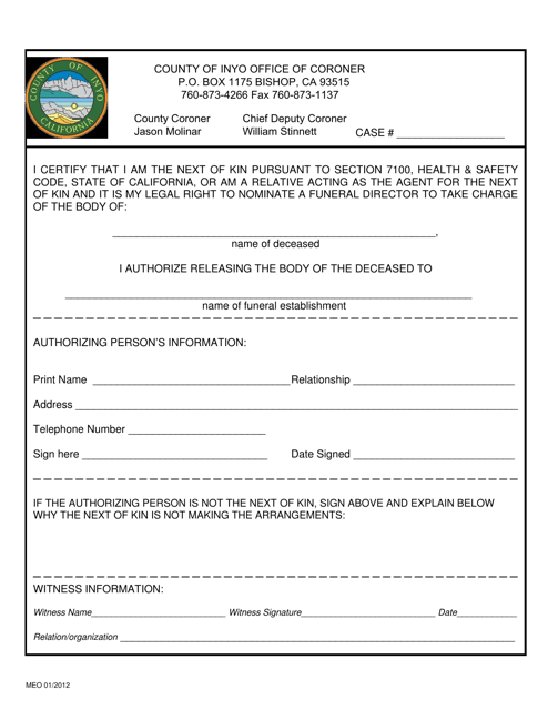 Mortuary Release Form - Inyo County, California Download Pdf
