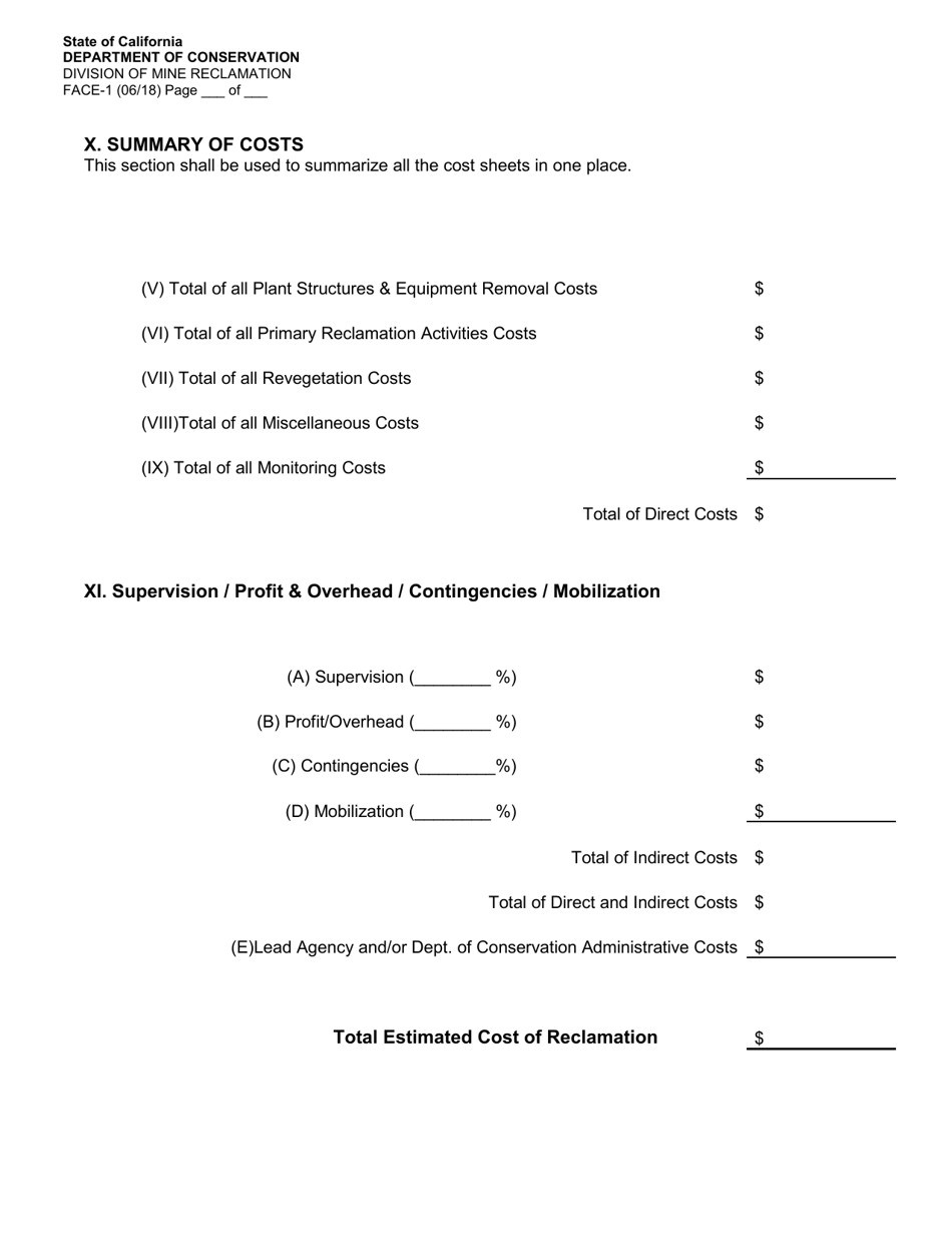 Form FACE-1 Financial Assurance Cost Estimate - California, Page 11