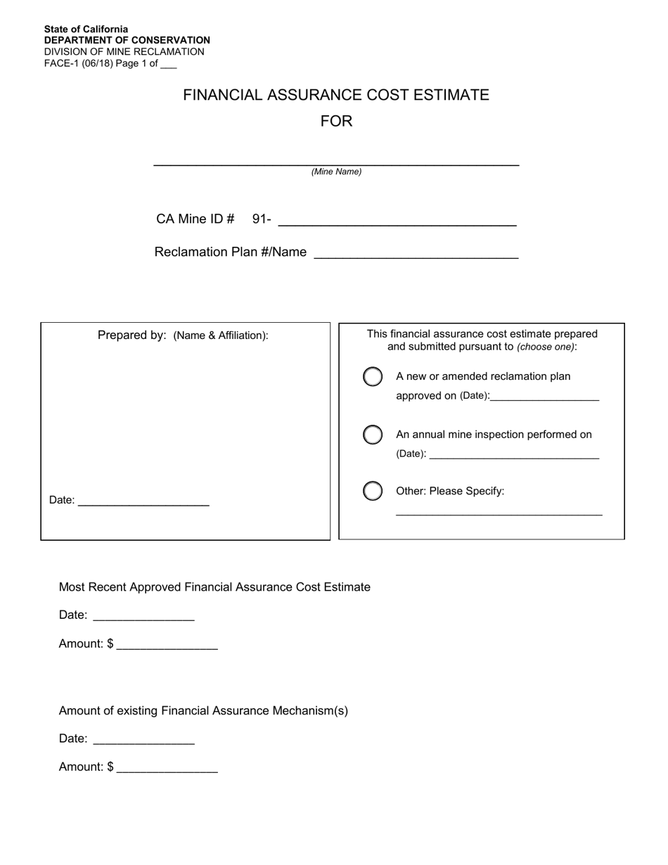 Form FACE-1 Financial Assurance Cost Estimate - California, Page 1