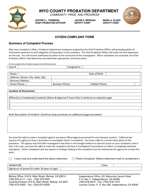 Citizen Complaint Form - Inyo County, California Download Pdf