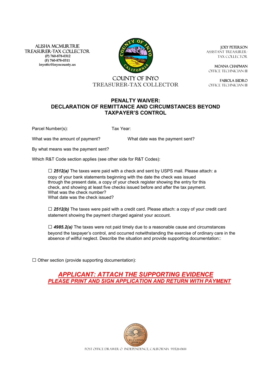Inyo County, California Penalty Waiver Declaration of Remittance and
