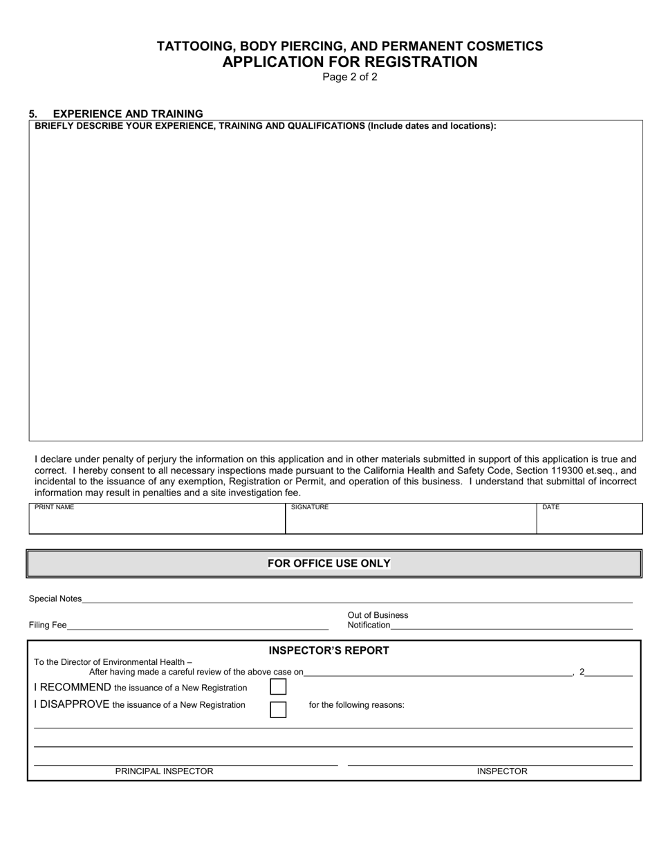 Tattooing, Body Piercing, and Permanent Cosmetics Application for Registration - Inyo County, California, Page 2