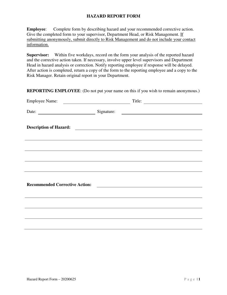 Hazard Report Form - Inyo County, California, Page 1