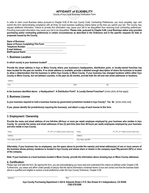 Local Business Verification Form - Inyo County, California Download Pdf