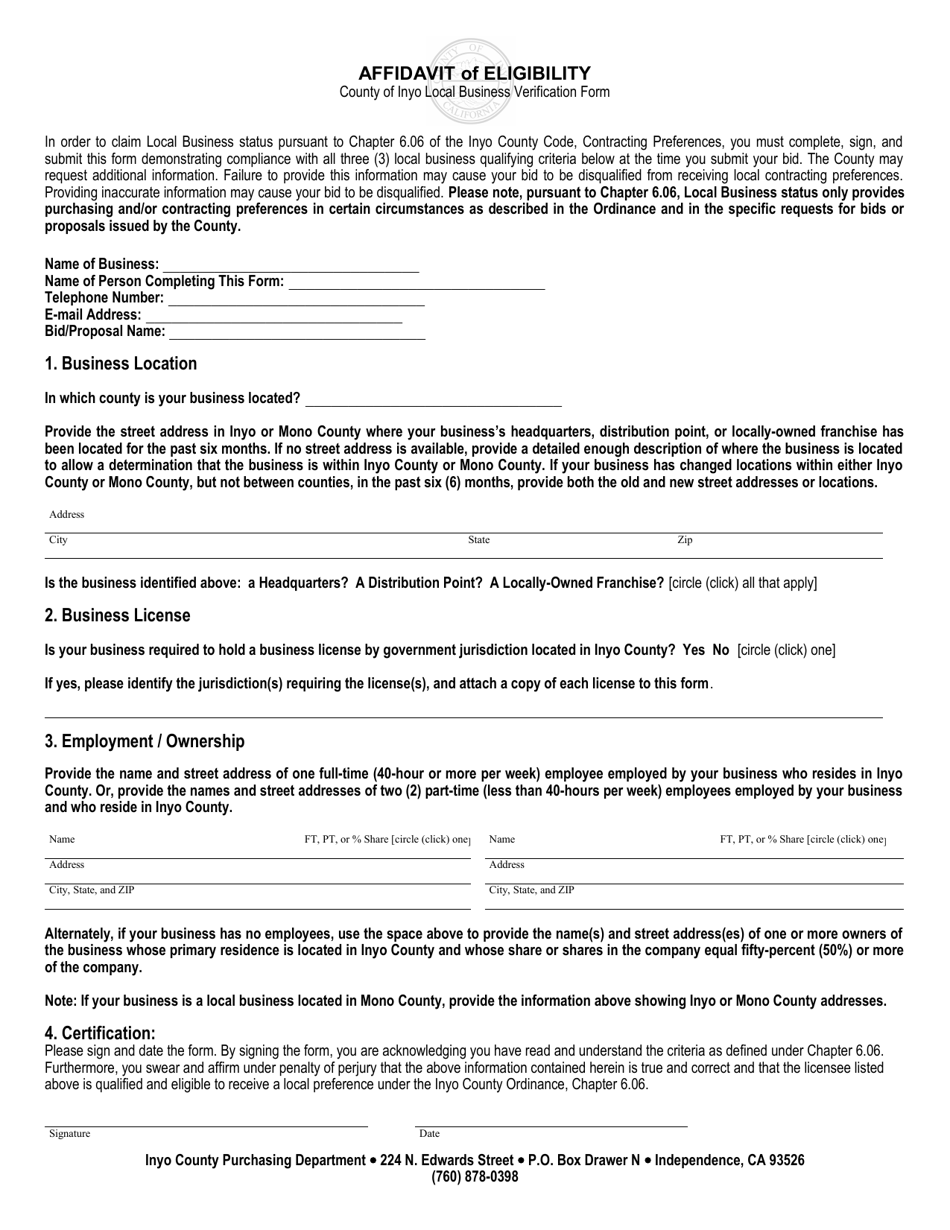 Local Business Verification Form - Inyo County, California, Page 1